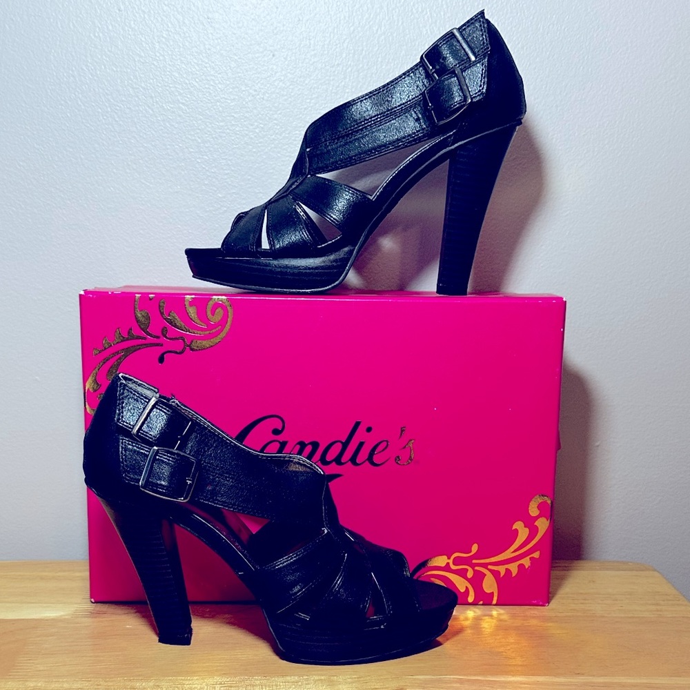 Candie’s Women’s Caden 2 Buckle Strap Black 4 1/4” Block Heel Shoes  Size 6 1/2